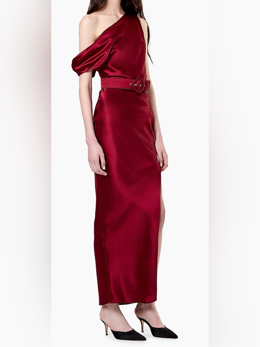 NICHOLAS One-Shoulder Burgundy Satin Gown with Belt - Picture 2 of 6